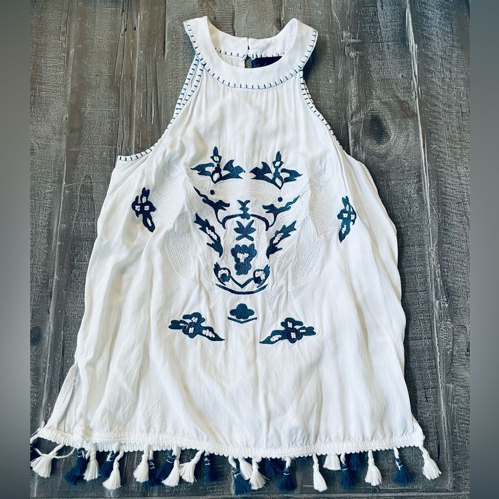 Blue Rain Boho Embroidered Tassel Beaded Design Lightweight Top S